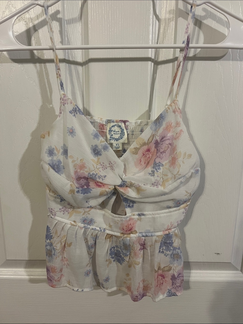 Blue Rain White Floral Twist-Front Spaghetti Strap Top